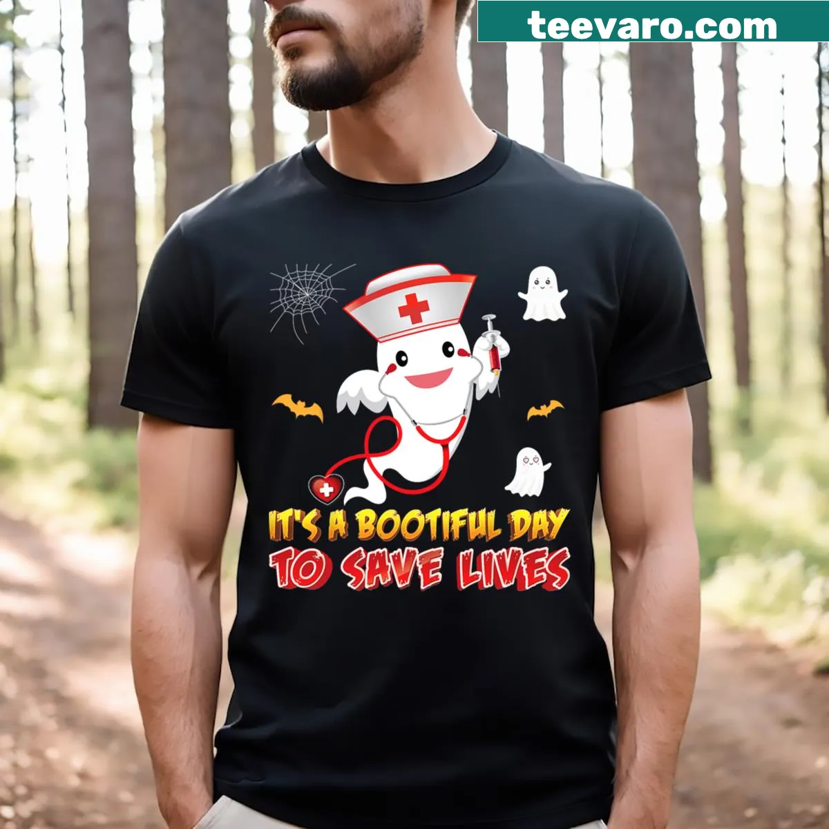 Halloween-themed T-shirt with a ghost and nurse message — on a men's t-shirt