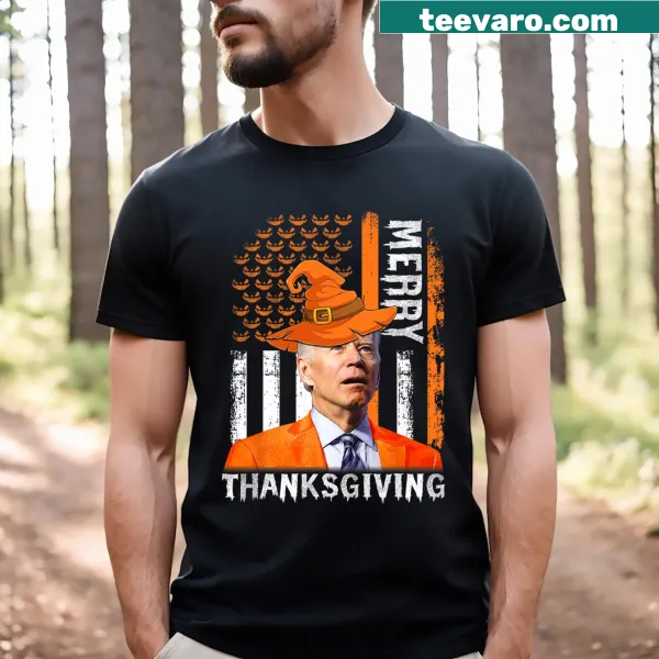 T-shirt with 'Happy Halloween Merry Thanksgiving' and US flag
