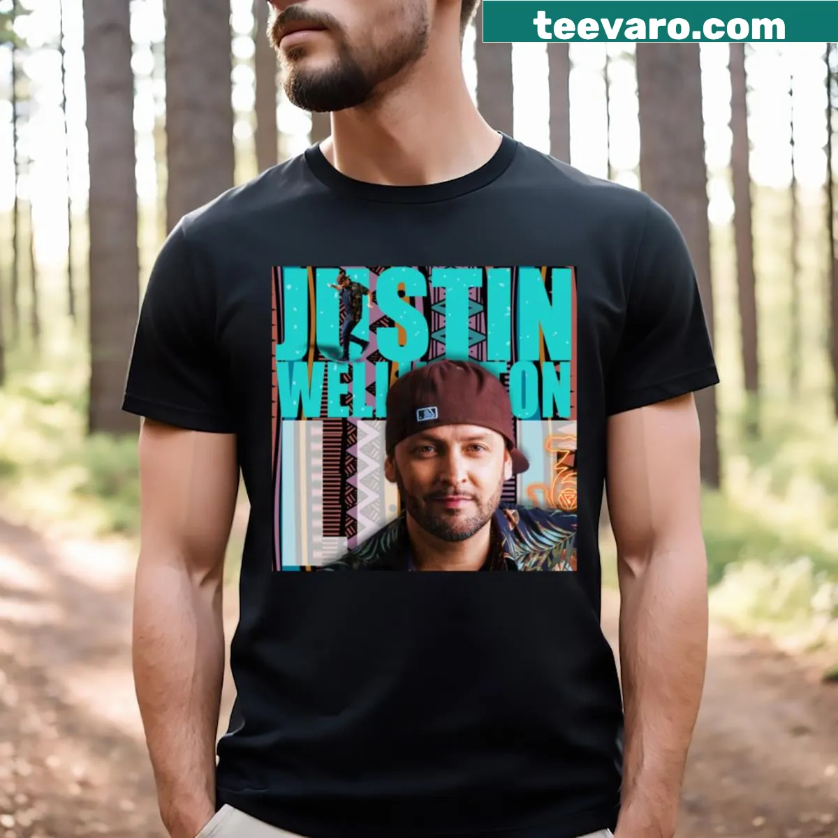 Minimalist T-shirt with 'Justin Wellington Essential' text — on a men's t-shirt