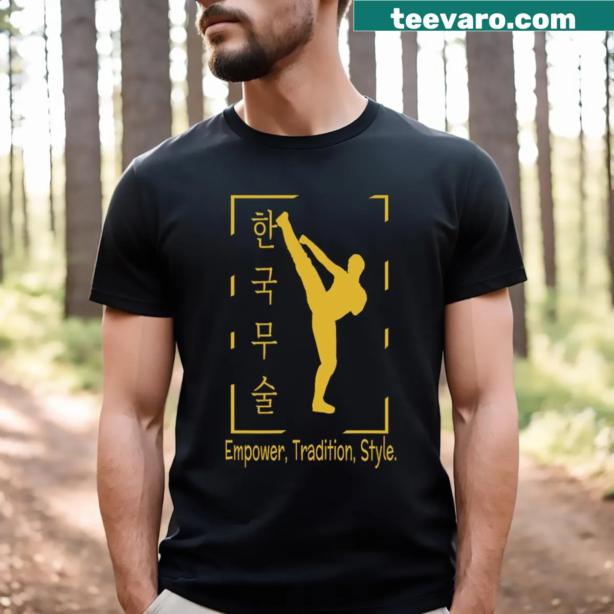 Empowering T-shirt showcasing Korean martial arts theme — on a men's t-shirt
