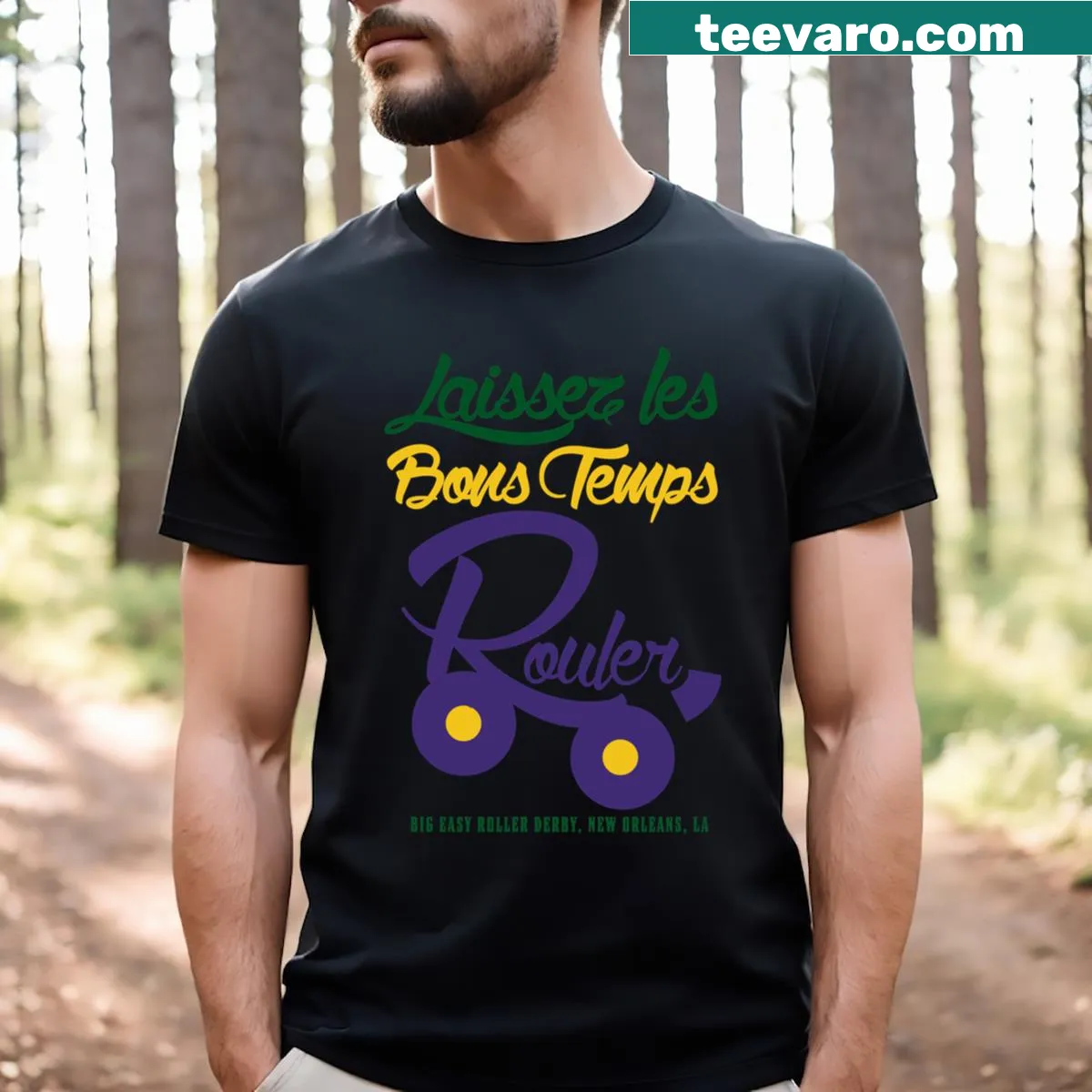 T-shirt with 'Laissez Le Bons Temps Rouler' phrase celebrating Mardi Gras — on a men's t-shirt