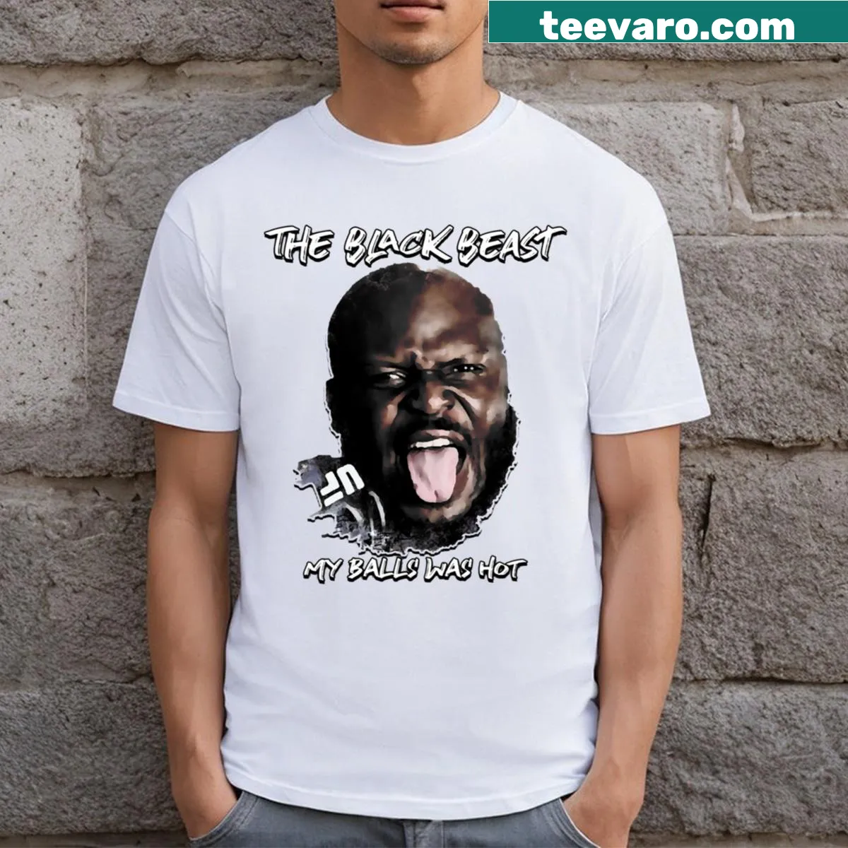 Humorous T-shirt with the phrase 'My Balls Was Hot' — on a men's t-shirt