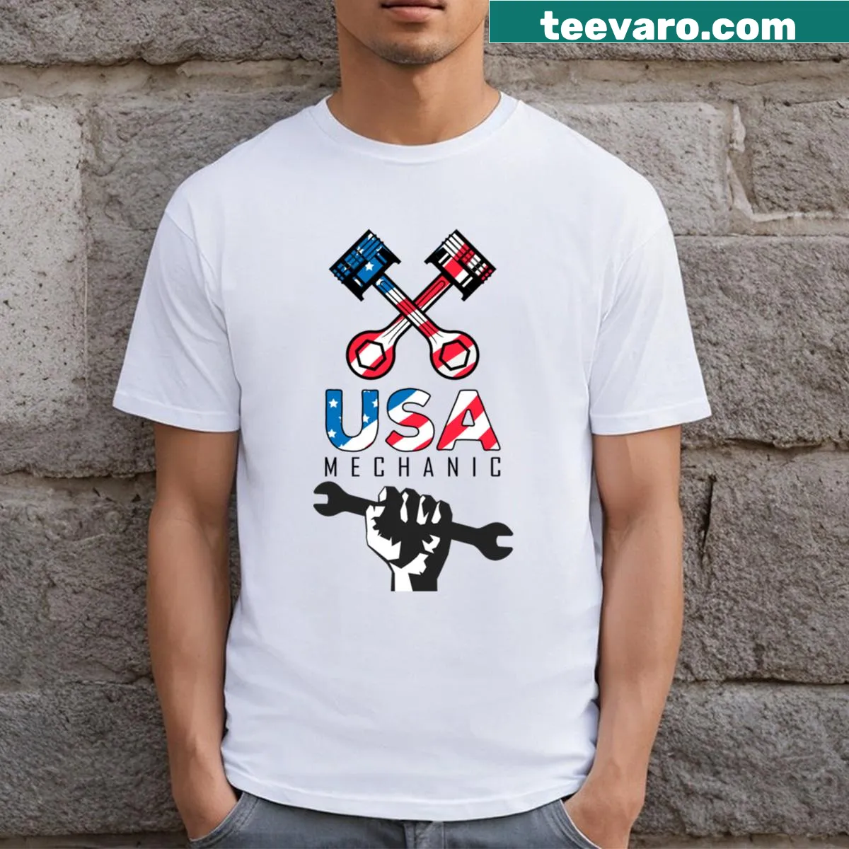 T-shirt featuring a humorous quote for mechanics in bold typography. — on a men's t-shirt