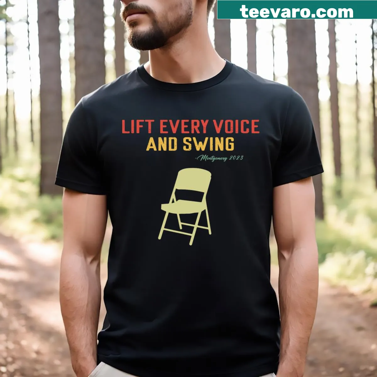 T-shirt featuring the phrase 'Lift Every Voice and Swing' and a folding chair illustration — on a men's t-shirt