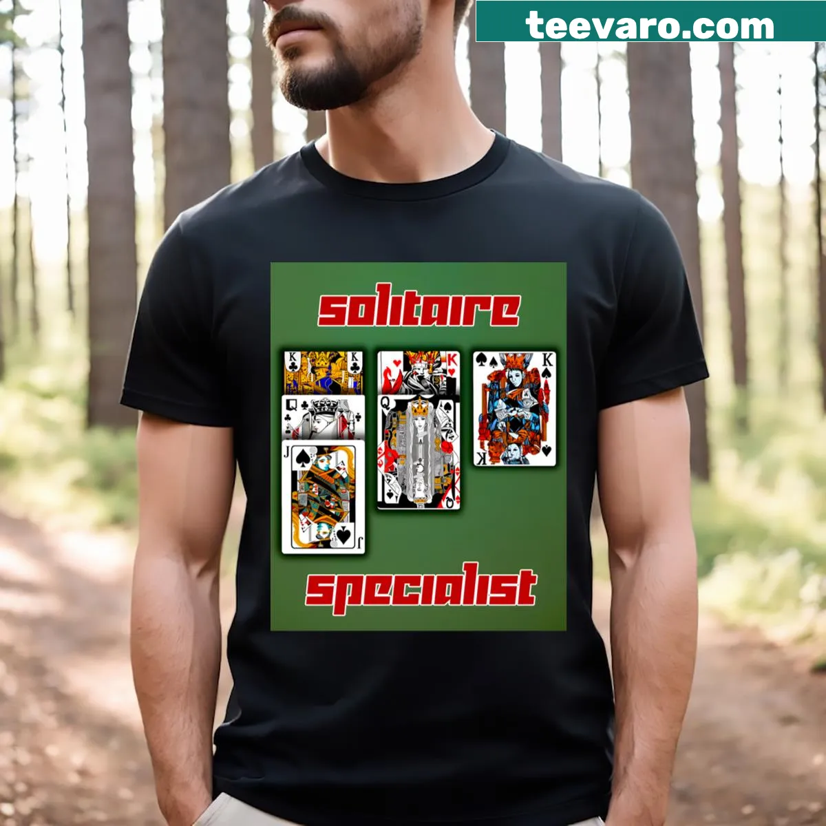 T-shirt with abstract playing cards design celebrating solitaire — on a men's t-shirt