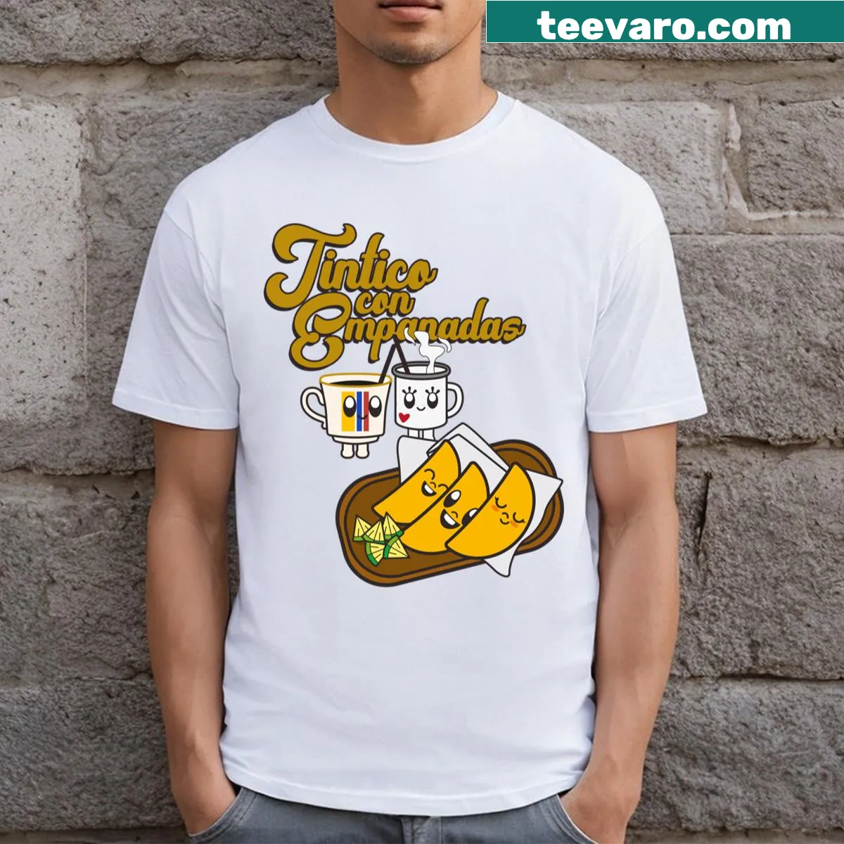 Kawaii food t-shirt with empanadas and coffee mugs illustration — on a men's t-shirt