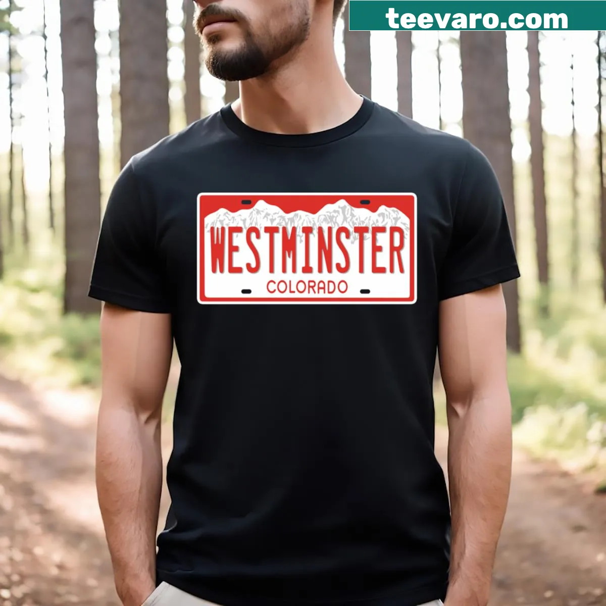 T-shirt with a vintage-style design inspired by Westminster Colorado license plates — on a men's t-shirt