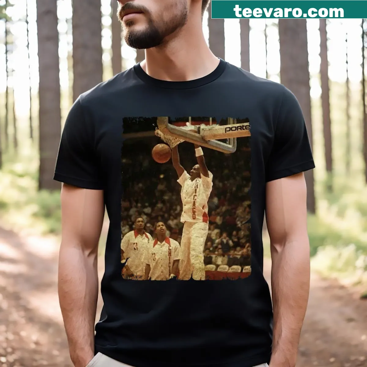 Illustration of rookie Michael Jordan stunning teammates on a T-shirt — on a men's t-shirt
