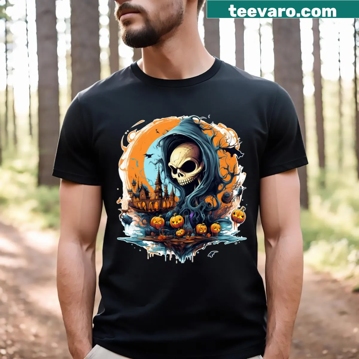 Halloween T-shirt featuring adventurous ghosts and playful motifs — on a men's t-shirt
