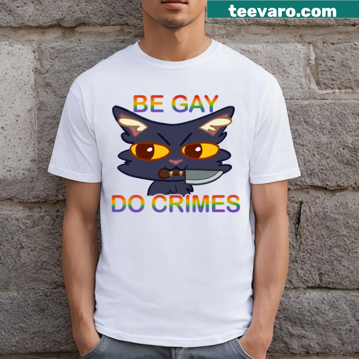 Bold 'Be Gay Do Crimes' text on cat T-shirt — on a men's t-shirt