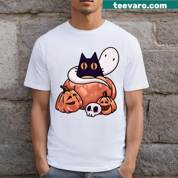 Kawaii black cat with pumpkins on Halloween T-shirt