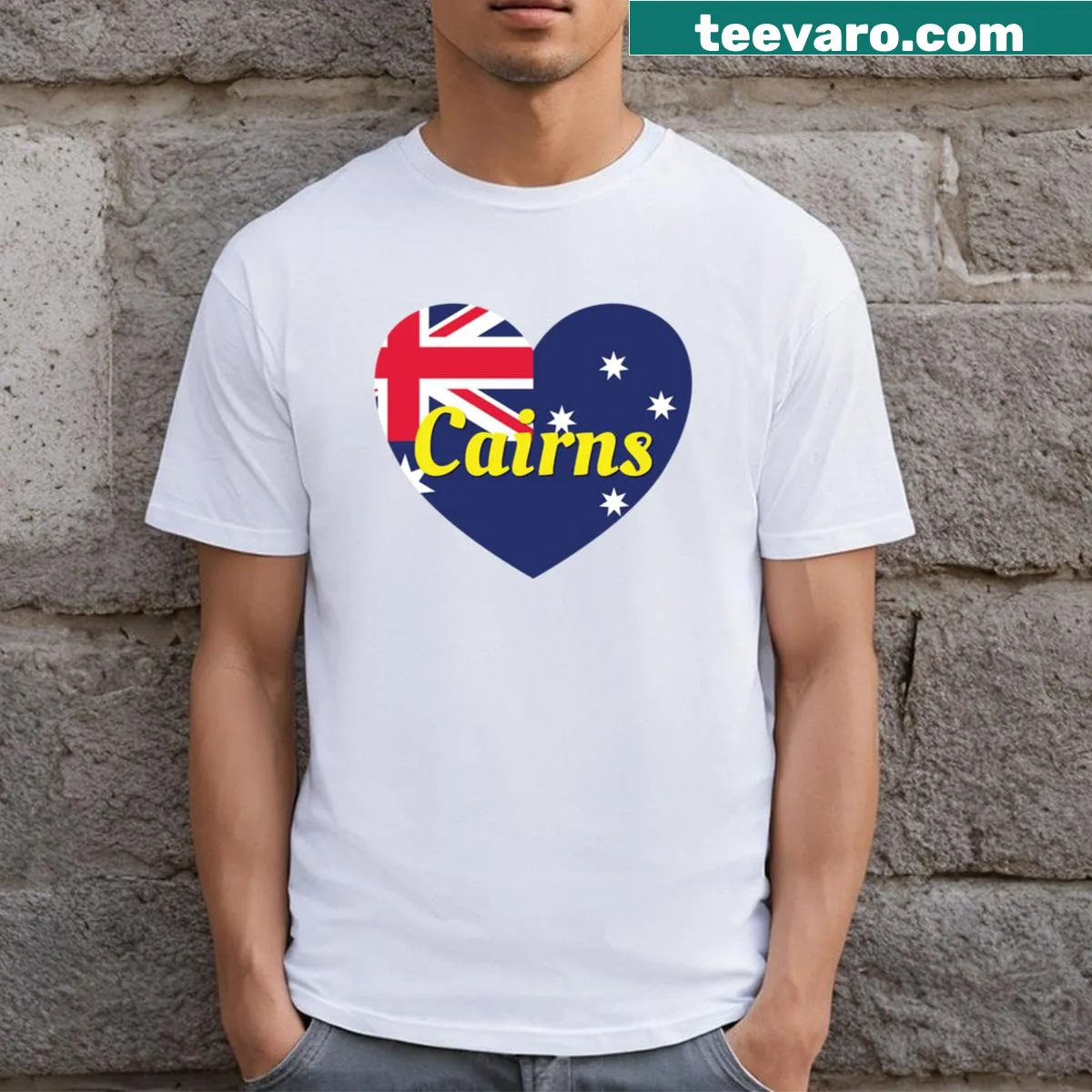 Cairns T-shirt with Australian flag heart design — on a men's t-shirt
