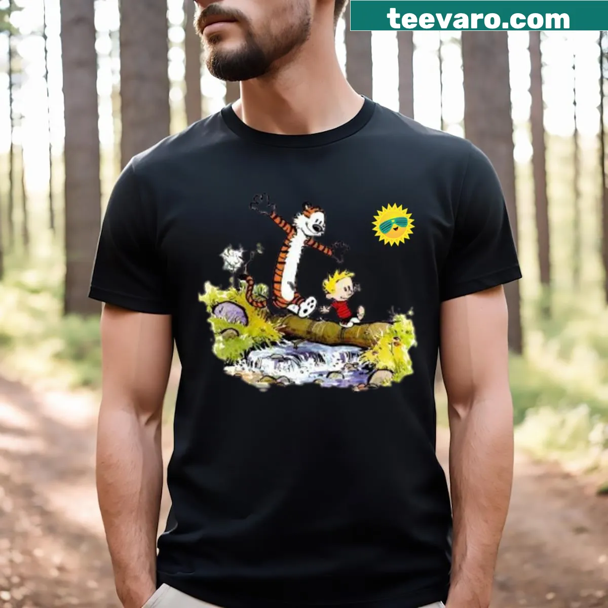Calvin and Hobbes inspired T-shirt with whimsical character designs — on a men's t-shirt
