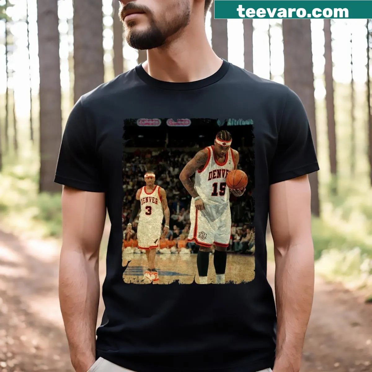 T-shirt featuring Carmelo Anthony and Allen Iverson in action — on a men's t-shirt