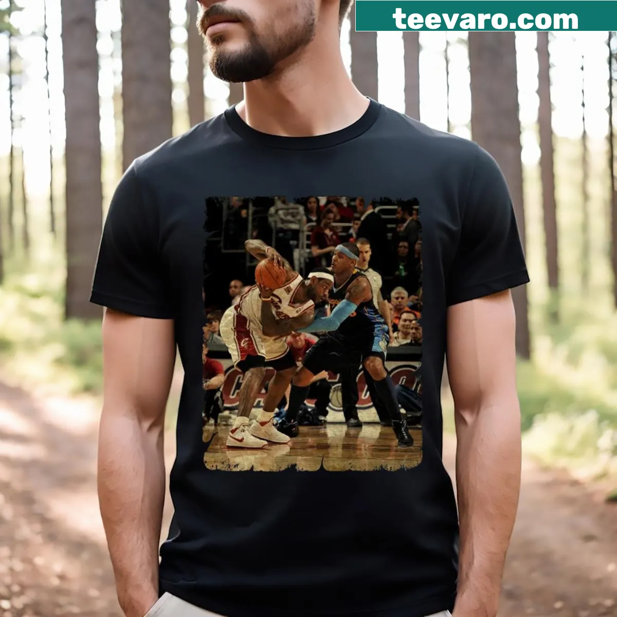 T-shirt featuring Carmelo Anthony vs LeBron James graphic — on a men's t-shirt