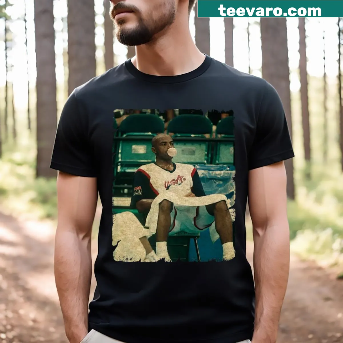 T-shirt featuring Charles Barkley with bubble gum — on a men's t-shirt