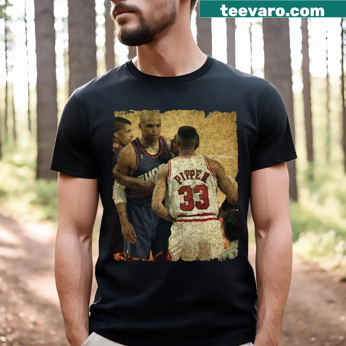 T-shirt illustrating Charles Barkley and Scottie Pippen rivalry — on a men's t-shirt