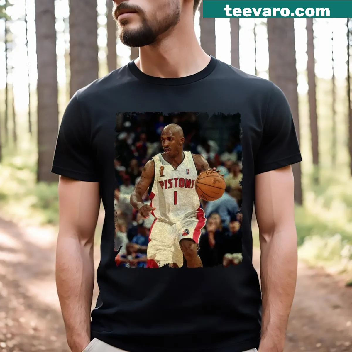 T-shirt featuring Chauncey Billups with Detroit Pistons graphics — on a men's t-shirt