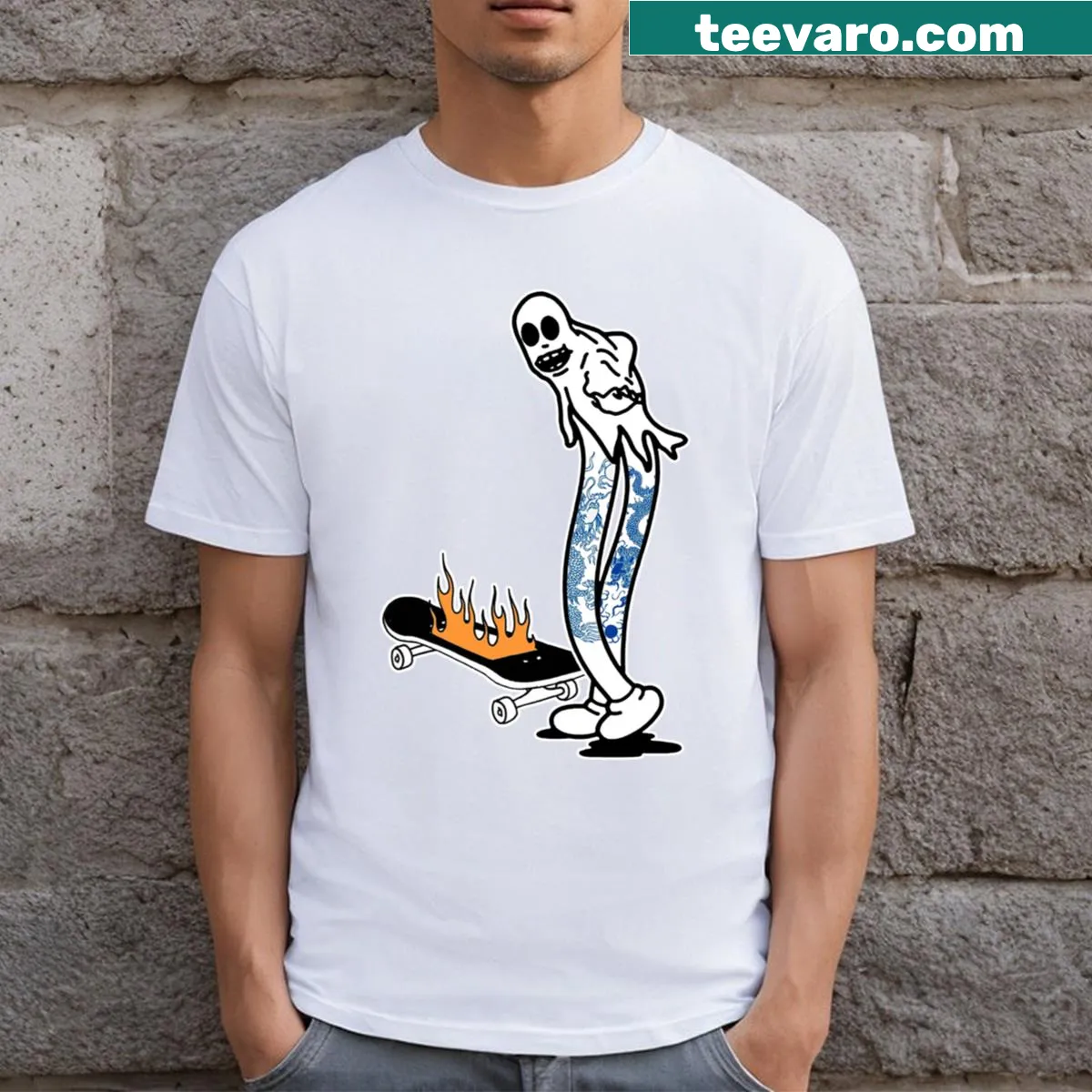 Dancing ghost t-shirt with dragon tattoo and skateboard graphic — on a men's t-shirt