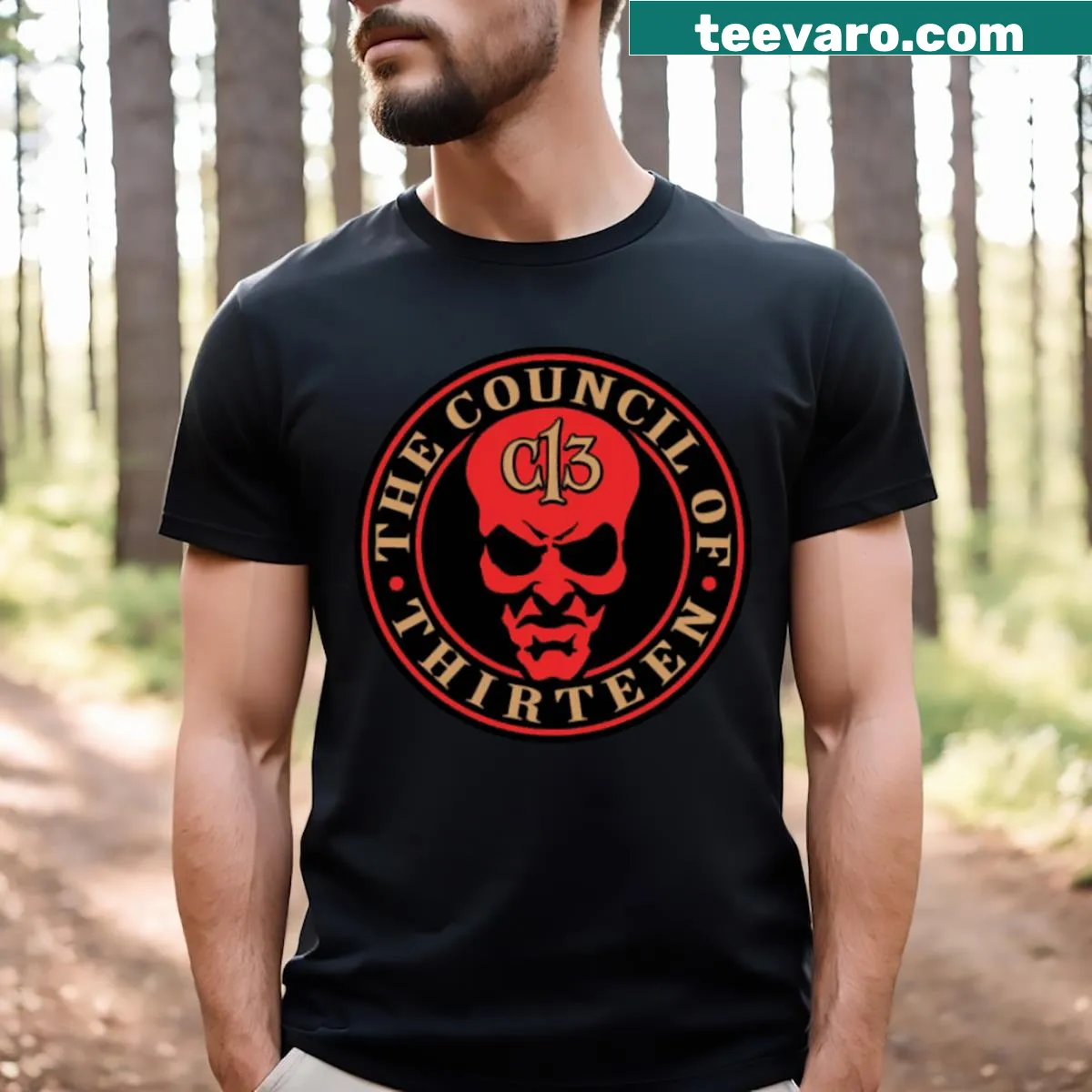 Fantasy-themed graphic depicting Council of Thirteen concept — on a men's t-shirt