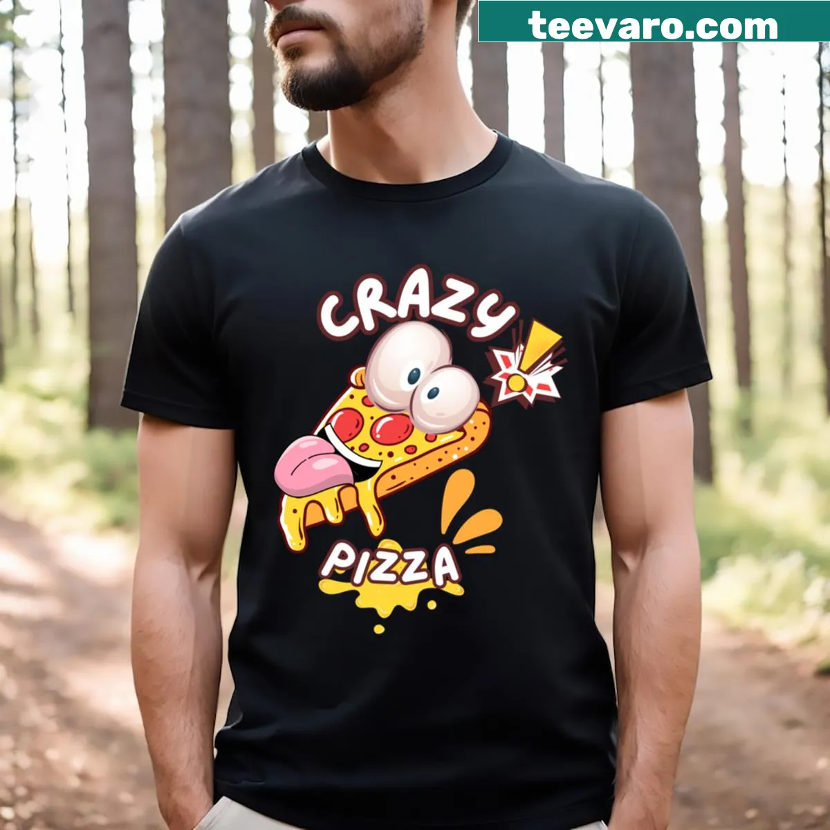 Cartoon pizza character with a smiling face on a T-shirt — on a men's t-shirt