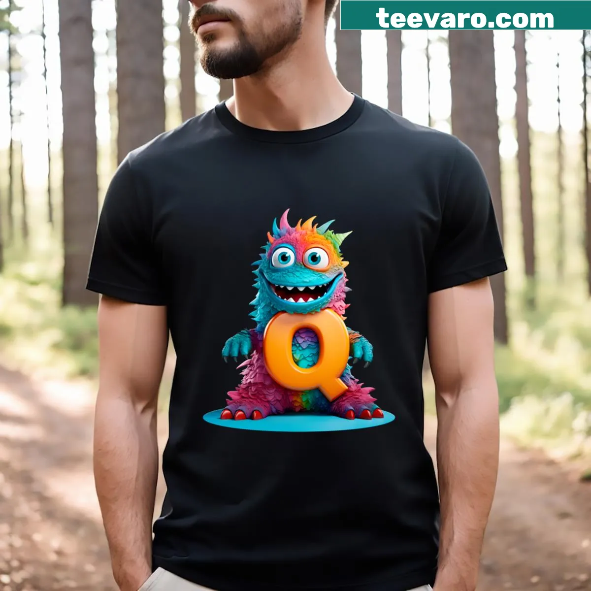 Cartoon monster illustration representing the letter Q for kids — on a men's t-shirt