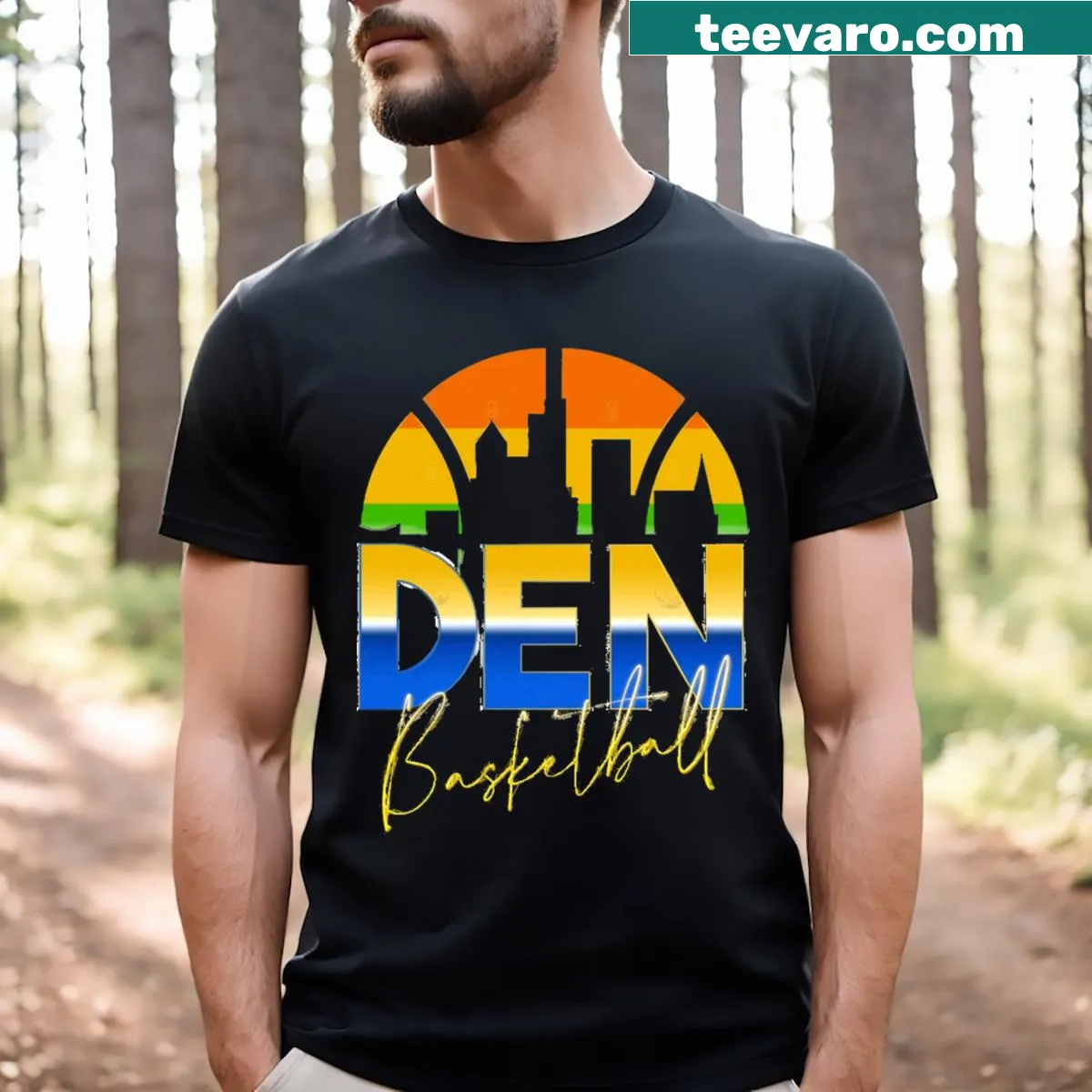 Retro Denver basketball T-shirt with chrome skyline design — on a men's t-shirt