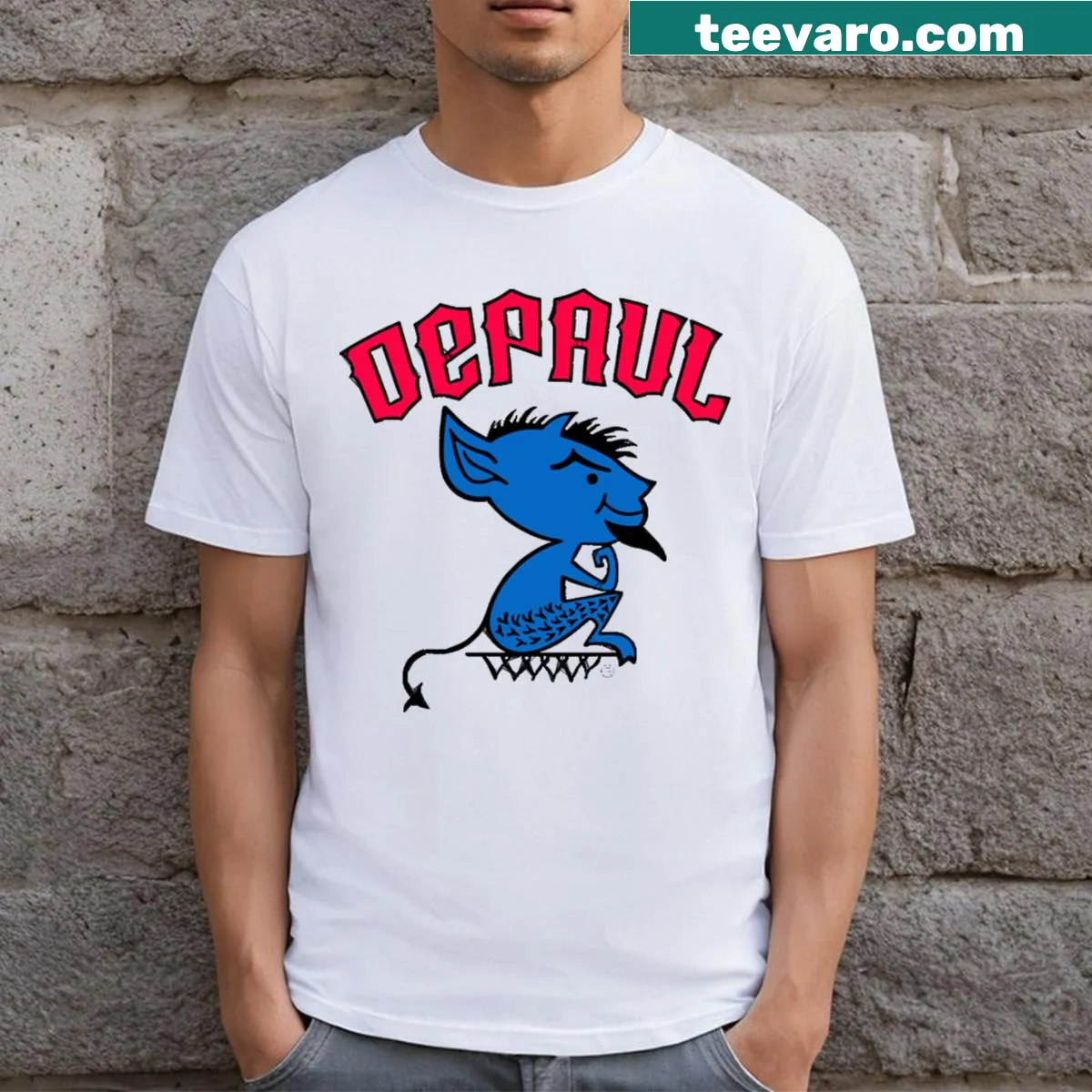 DePaul University mascot graphic t-shirt — on a men's t-shirt