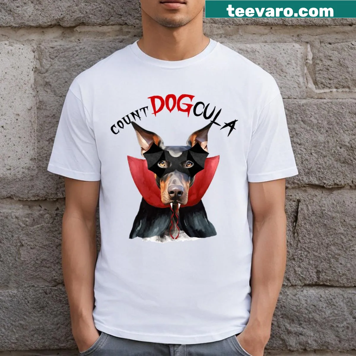 Doberman dressed as Count Dogcula cartoon on a T-shirt — on a men's t-shirt