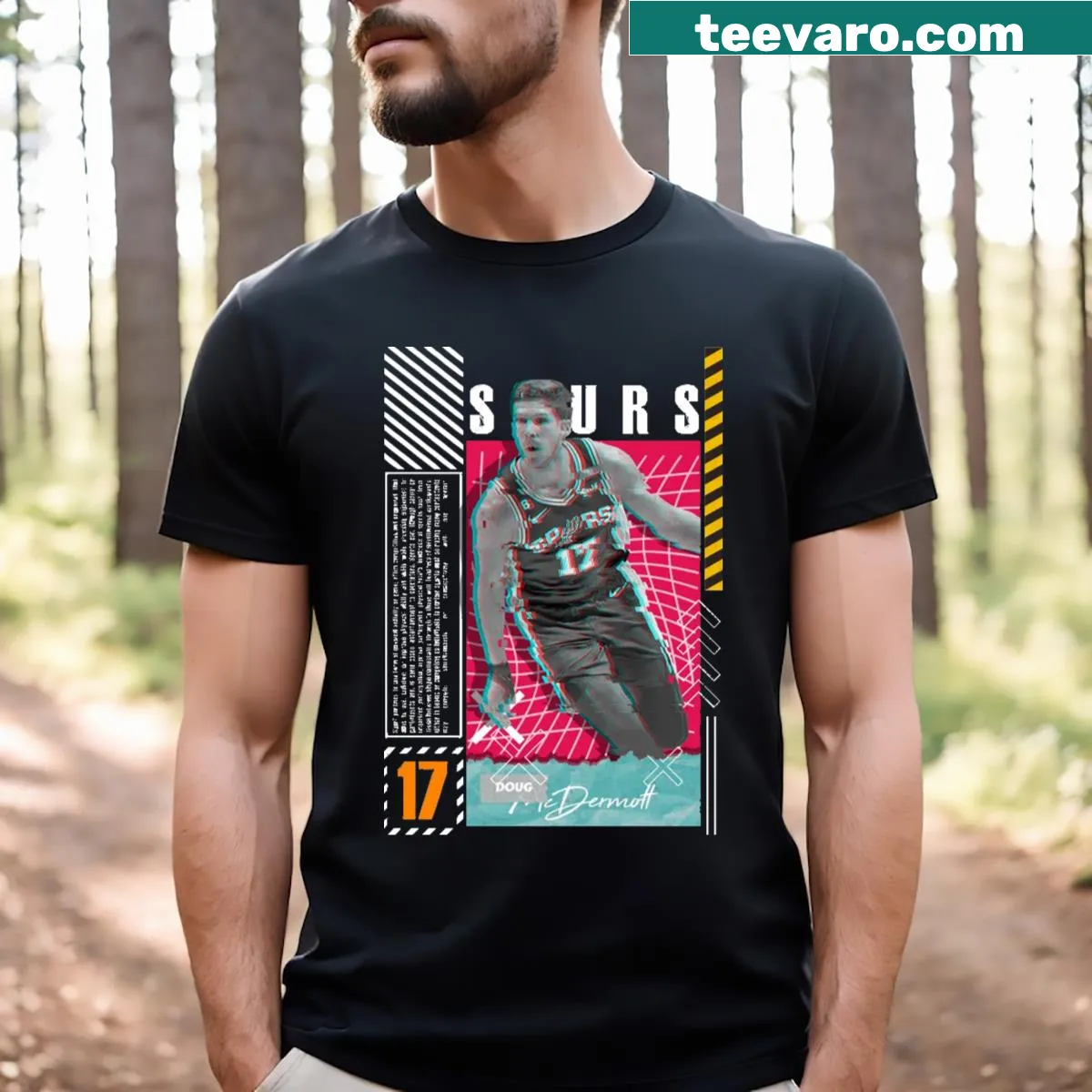 Illustrative Doug McDermott Spurs T-shirt with dynamic design — on a men's t-shirt