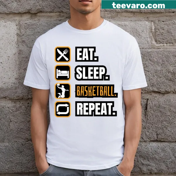 Eat Sleep Basketball Repeat T-shirt with bold typography and basketball motifs