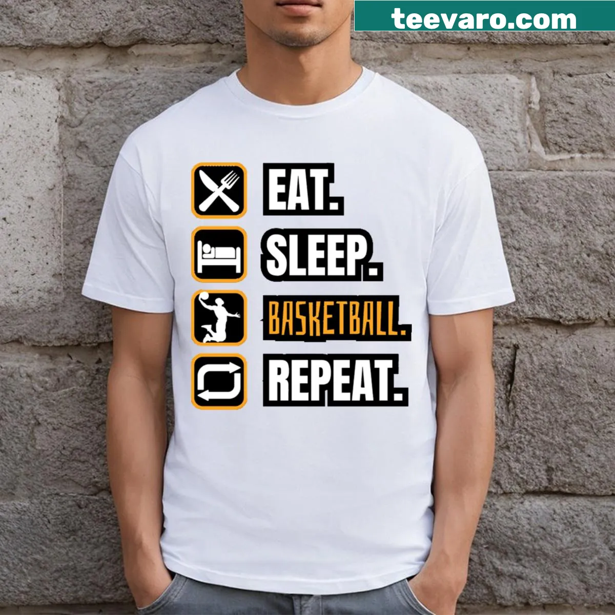 Eat Sleep Basketball Repeat T-shirt with bold typography and basketball motifs — on a men's t-shirt