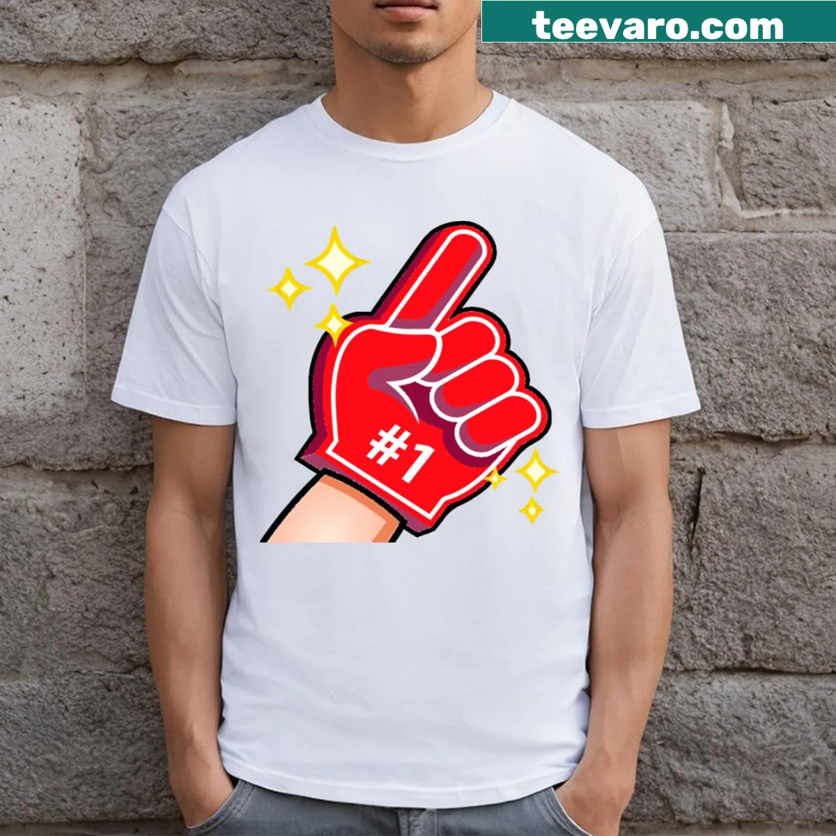 T-shirt featuring a big foam finger graphic with 'Number One' text — on a men's t-shirt