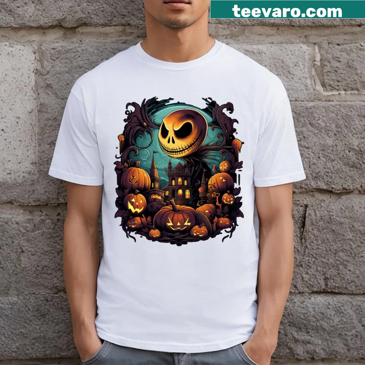 Cartoon Halloween characters gathered on an active T-shirt — on a men's t-shirt