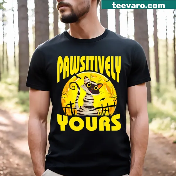 Couple's Halloween T-shirt featuring a mummy cat illustration