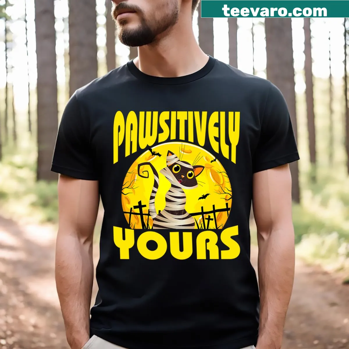 Couple's Halloween T-shirt featuring a mummy cat illustration — on a men's t-shirt