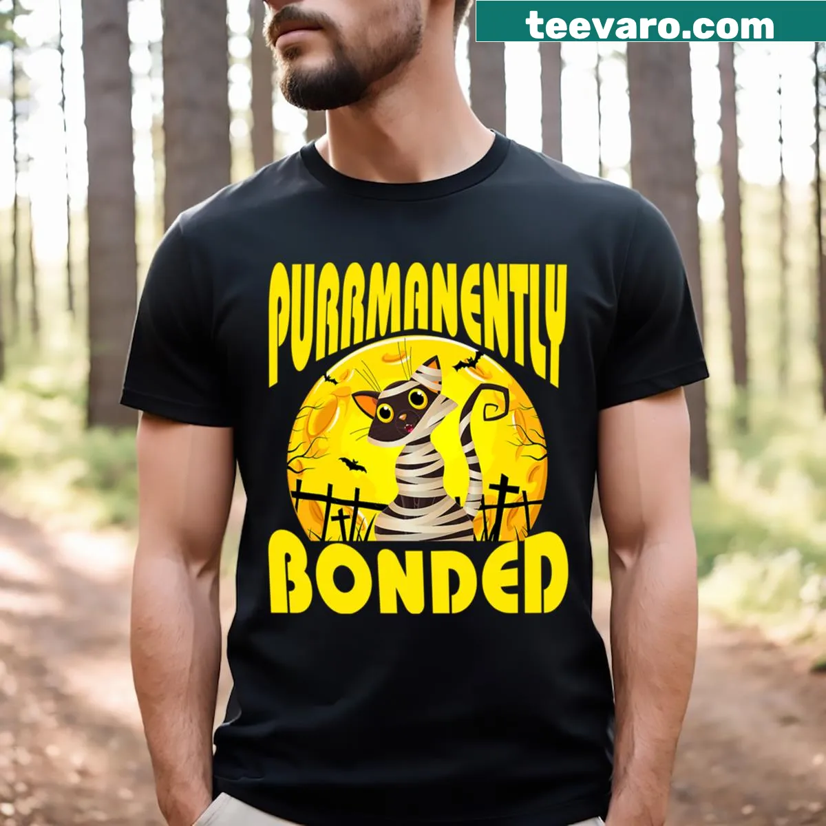 Couples Halloween t-shirt with cat mummy design — on a men's t-shirt