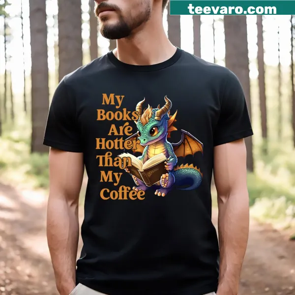 Funny T-shirt with a book dragon and coffee graphic