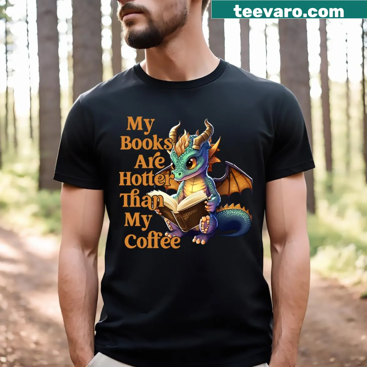 Funny T-shirt with a book dragon and coffee graphic — on a men's t-shirt