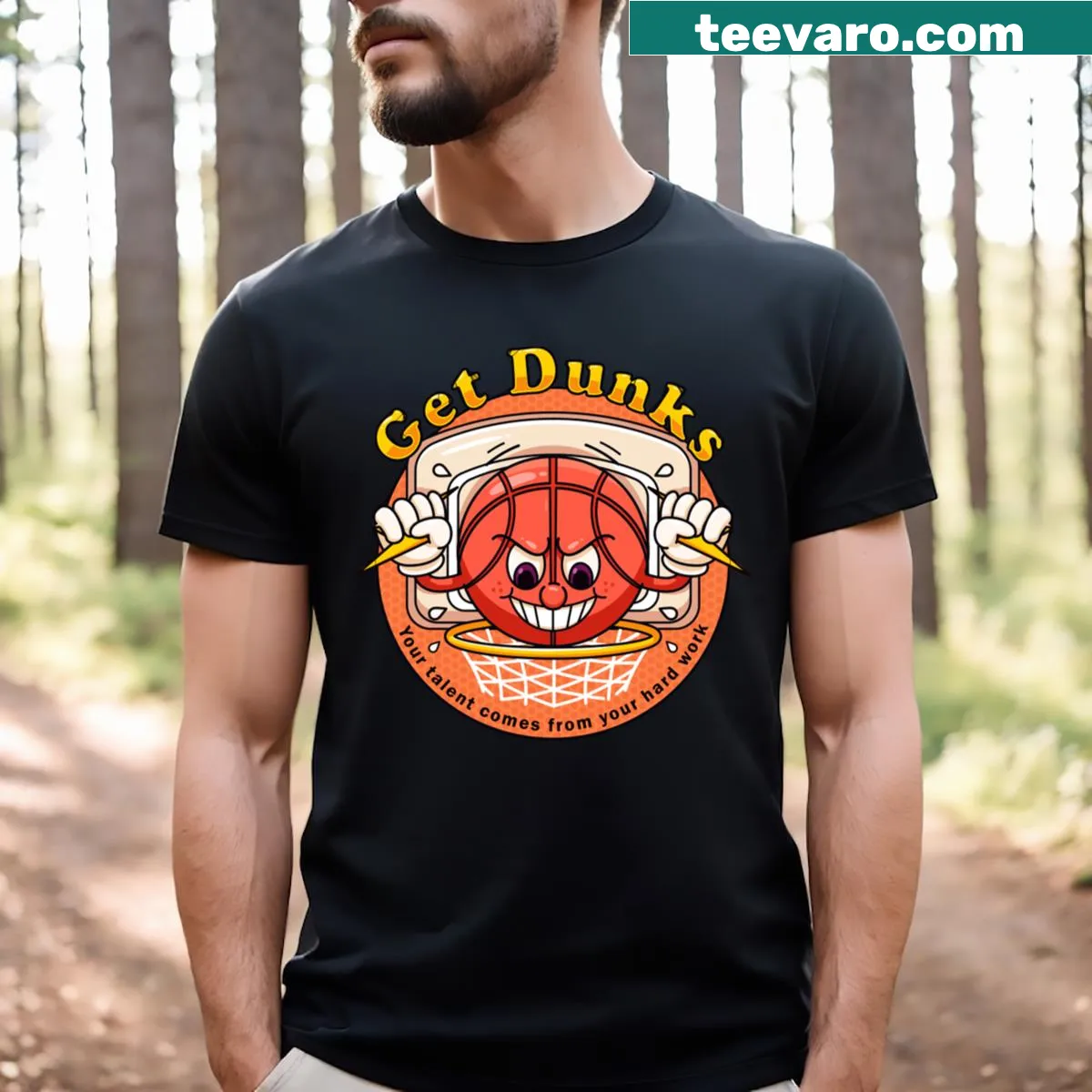Cartoon basketball mascot T-shirt for sports enthusiasts — on a men's t-shirt