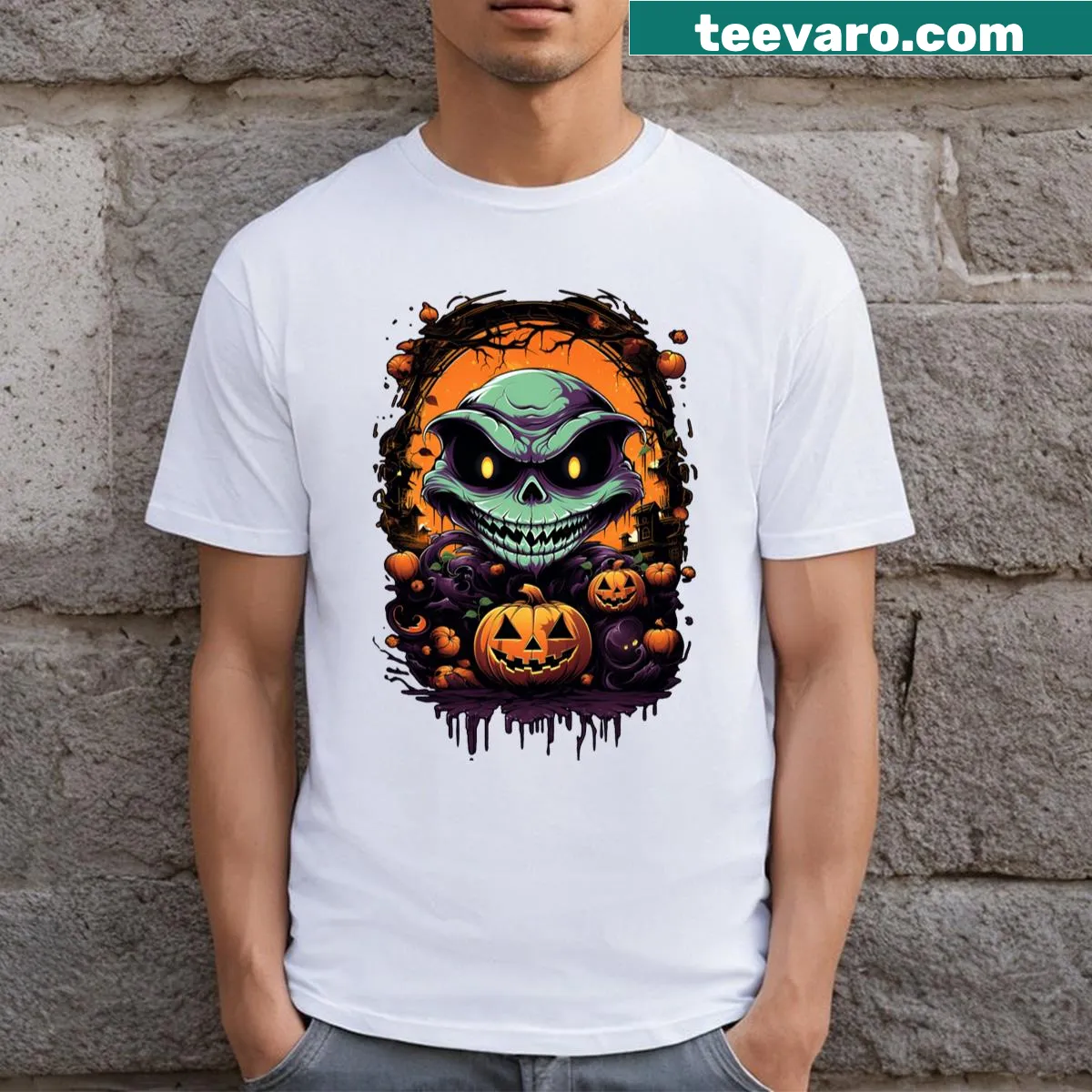Halloween cartoon characters T-shirt with playful ghost design — on a men's t-shirt