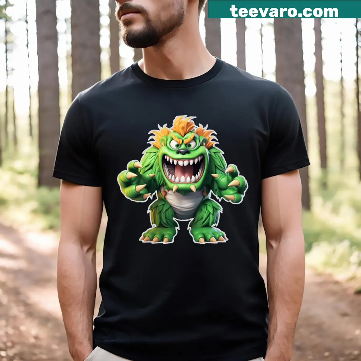 Illustration of a gnarly green monster on a T-shirt — on a men's t-shirt