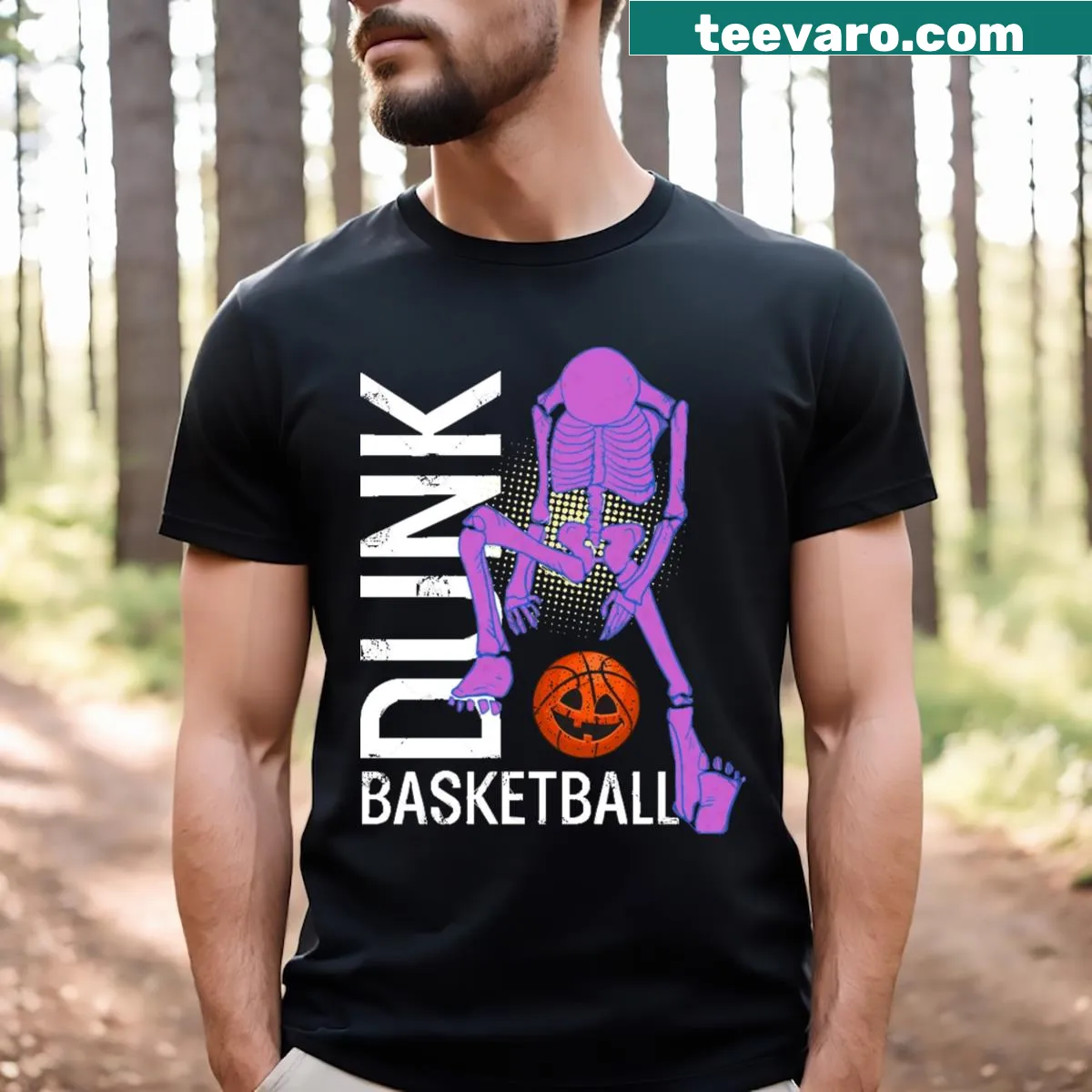 Cartoon skeleton dunking a basketball on a T-shirt — on a men's t-shirt