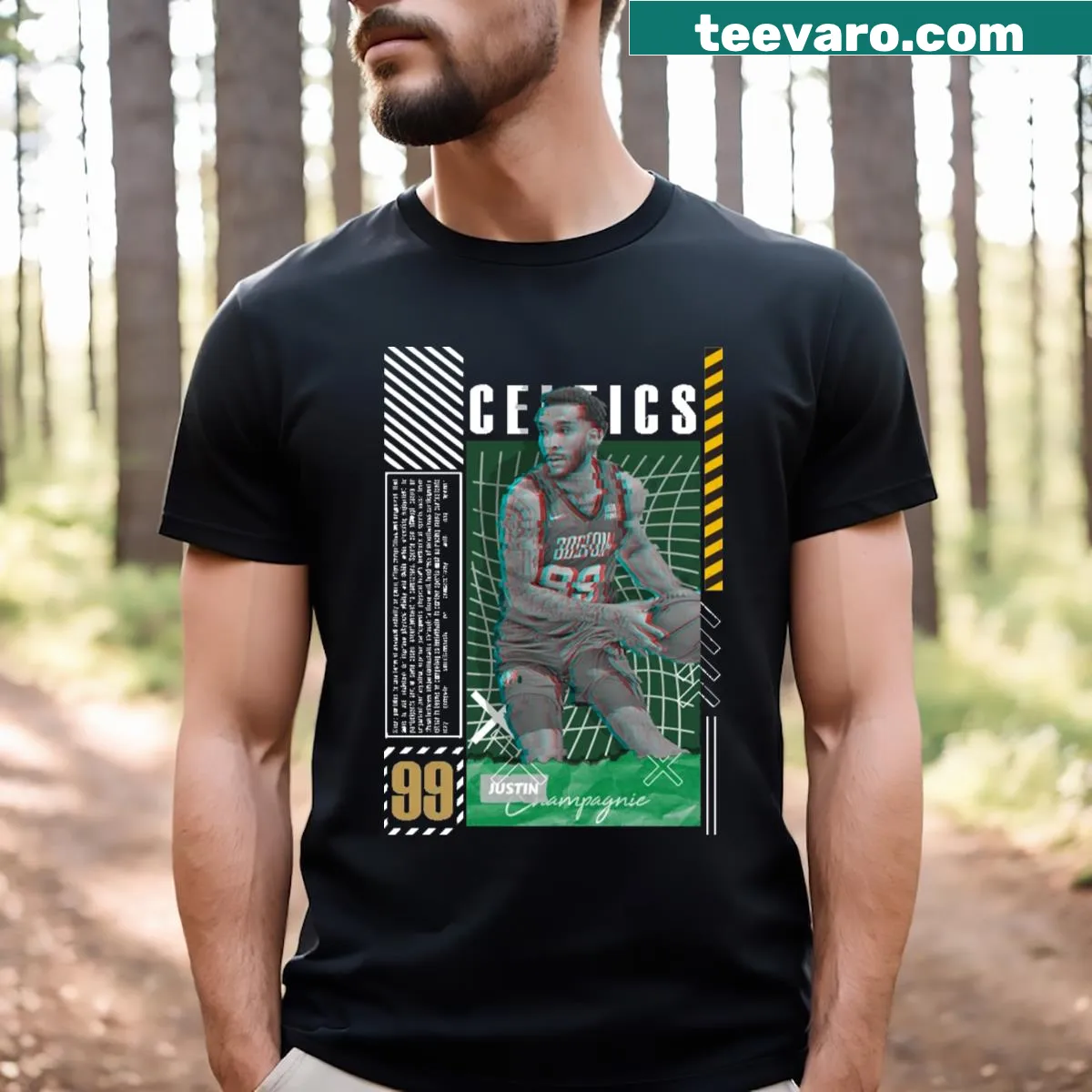 Basketball-inspired design featuring Justin Champagnie for Celtics fans — on a men's t-shirt