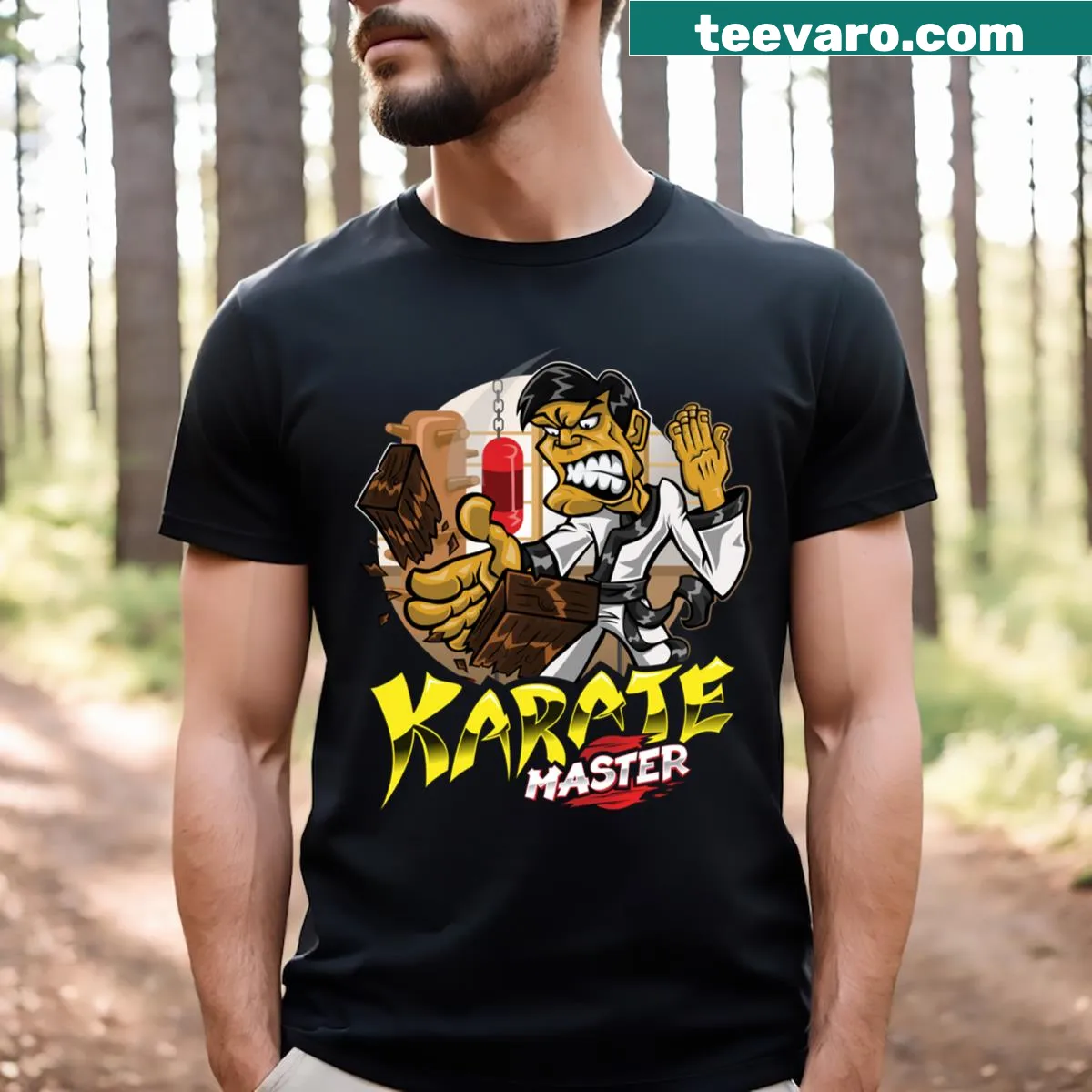 Karate-themed cartoon logo T-shirt — on a men's t-shirt