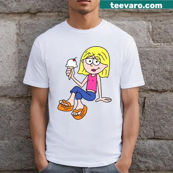 Charming illustration of Lizzie enjoying ice cream on a T-shirt