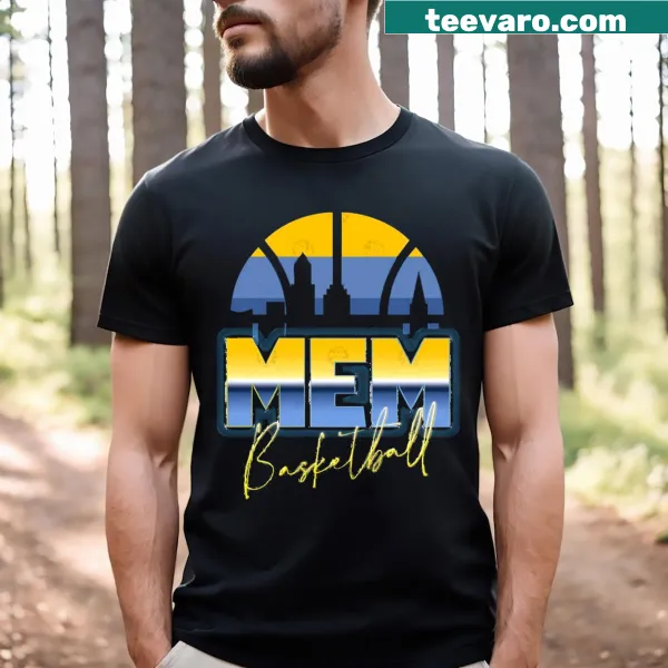 Retro Memphis Basketball T-shirt with chrome skyline design.