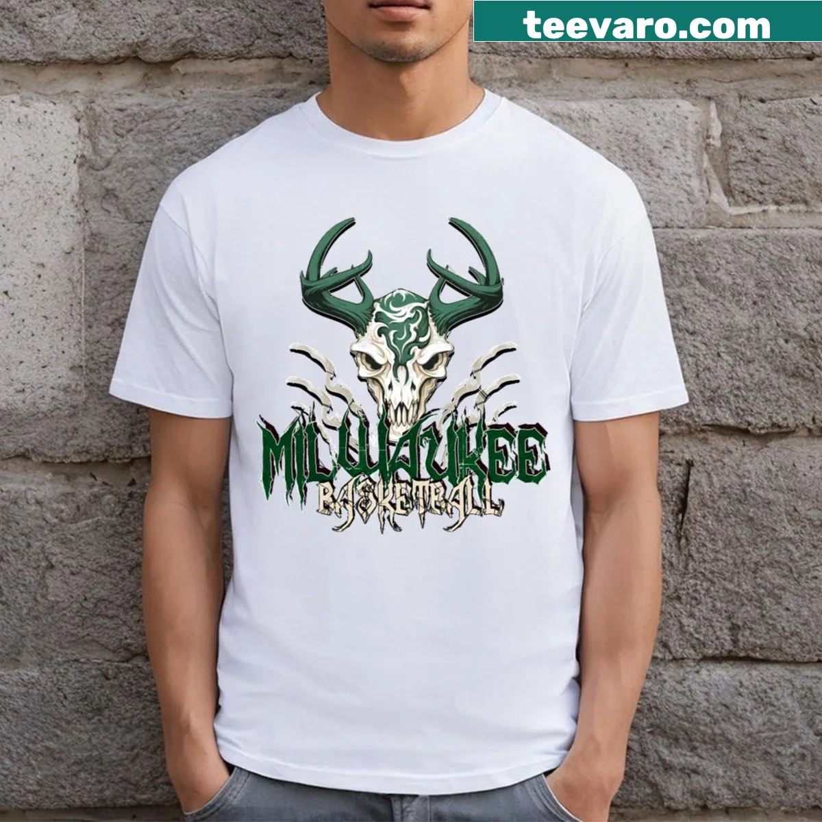 Playful Milwaukee basketball Halloween-themed T-shirt — on a men's t-shirt