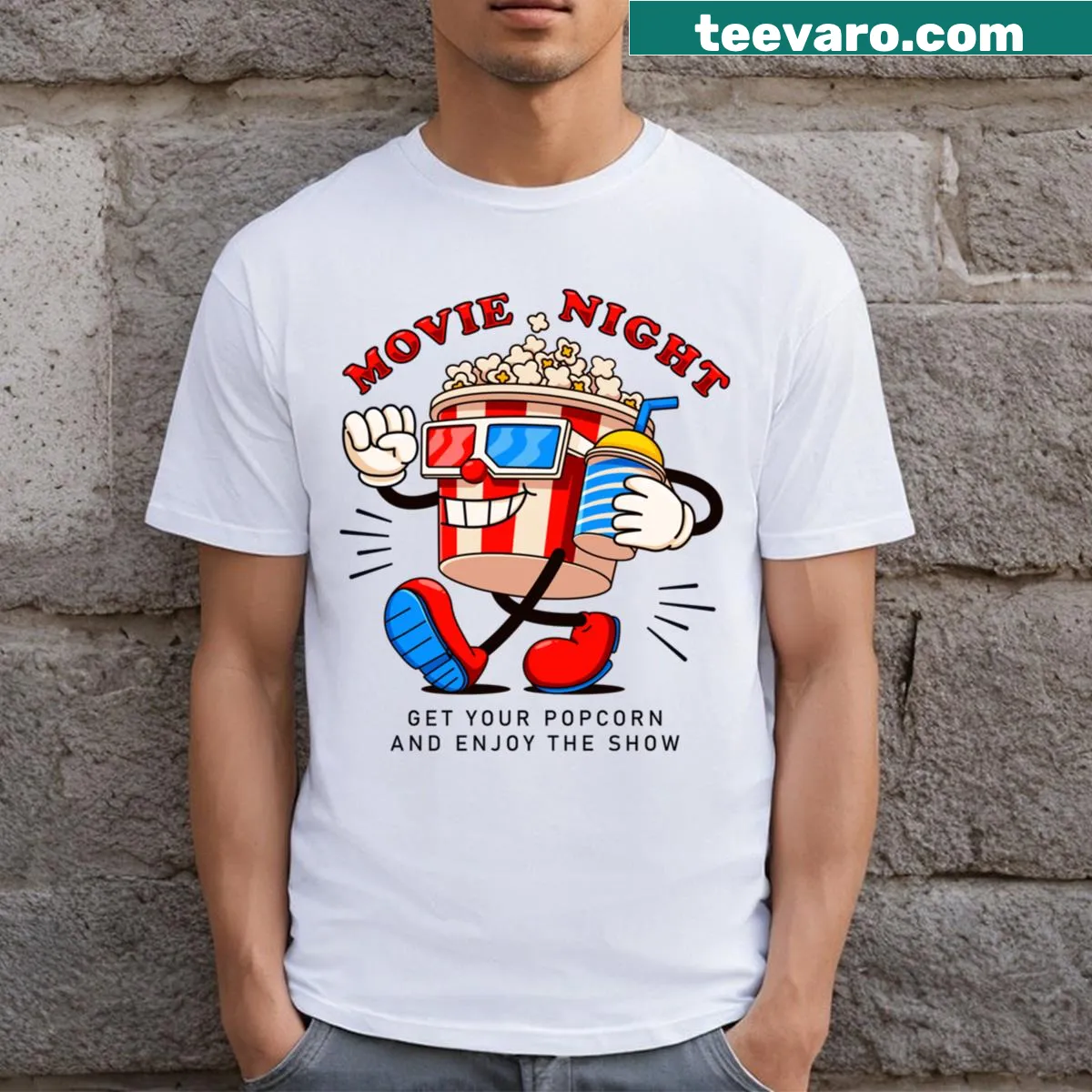 Cartoon popcorn mascot graphic T-shirt for movie lovers — on a men's t-shirt
