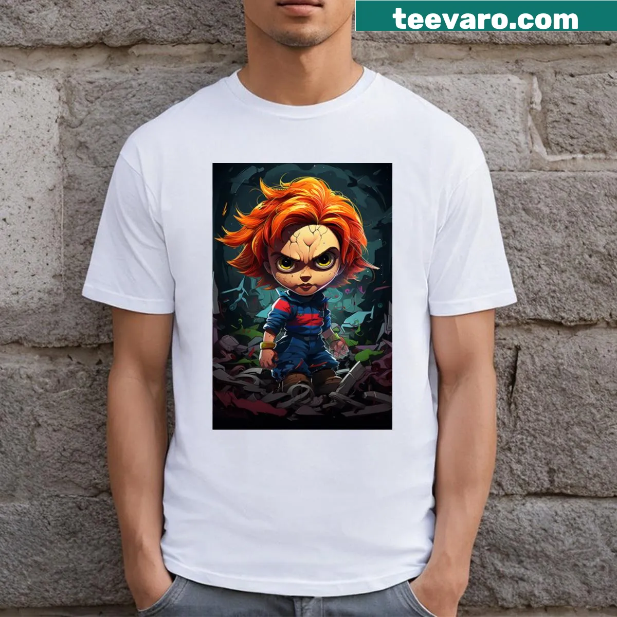 Cartoon villains with playful expressions on a Halloween T-shirt — on a men's t-shirt